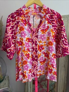THML Pink, Orange & White Floral Ruffle-Neck Blouse